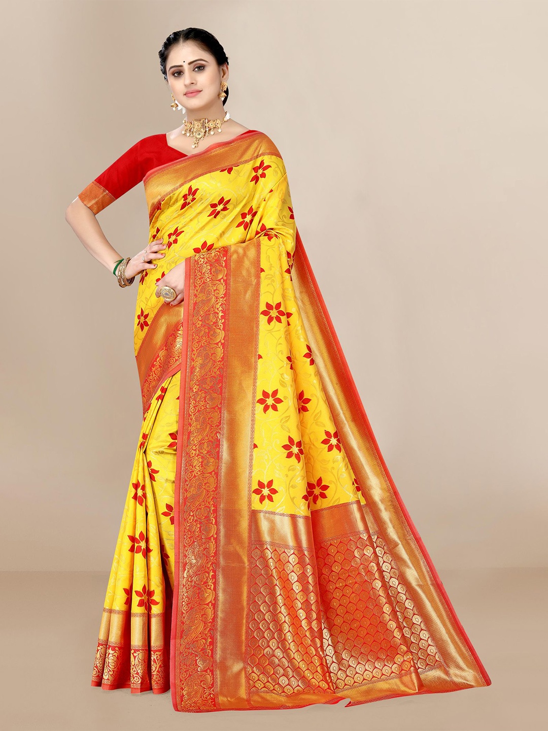 

VAIRAGEE Woven Design Zari Silk Blend Saree, Yellow