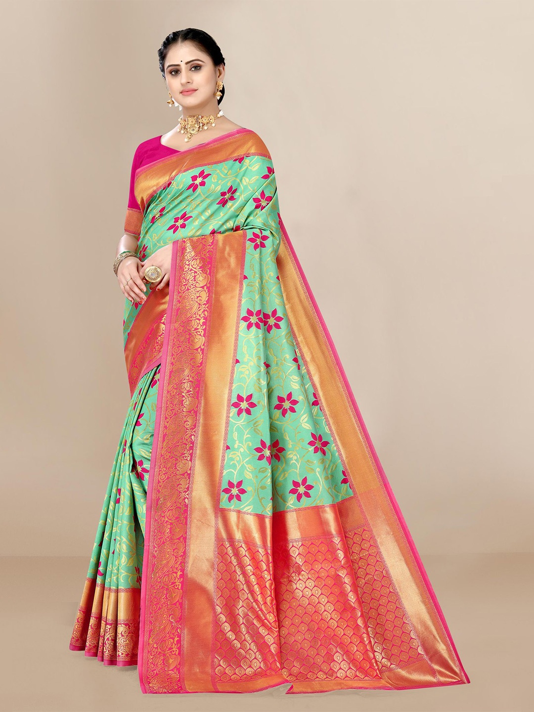 

VAIRAGEE Woven Design Zari Silk Blend Saree, Sea green