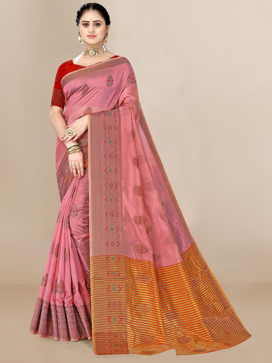 

VAIRAGEE Woven Design Organza Saree, Pink