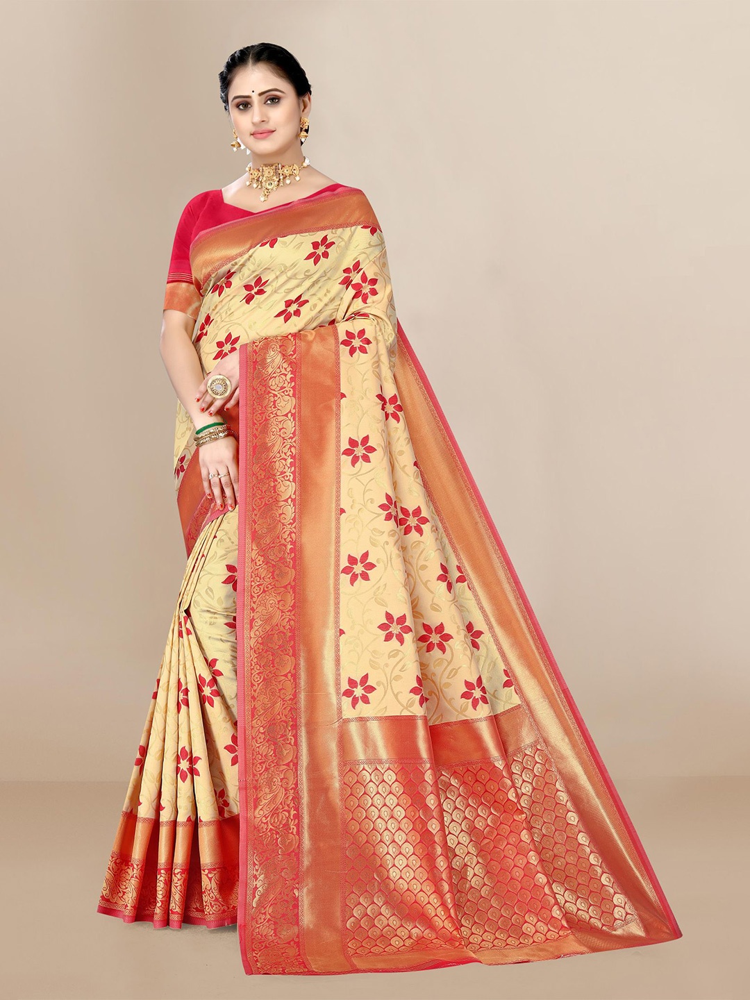 

VAIRAGEE Woven Design Zari Silk Blend Saree, Cream