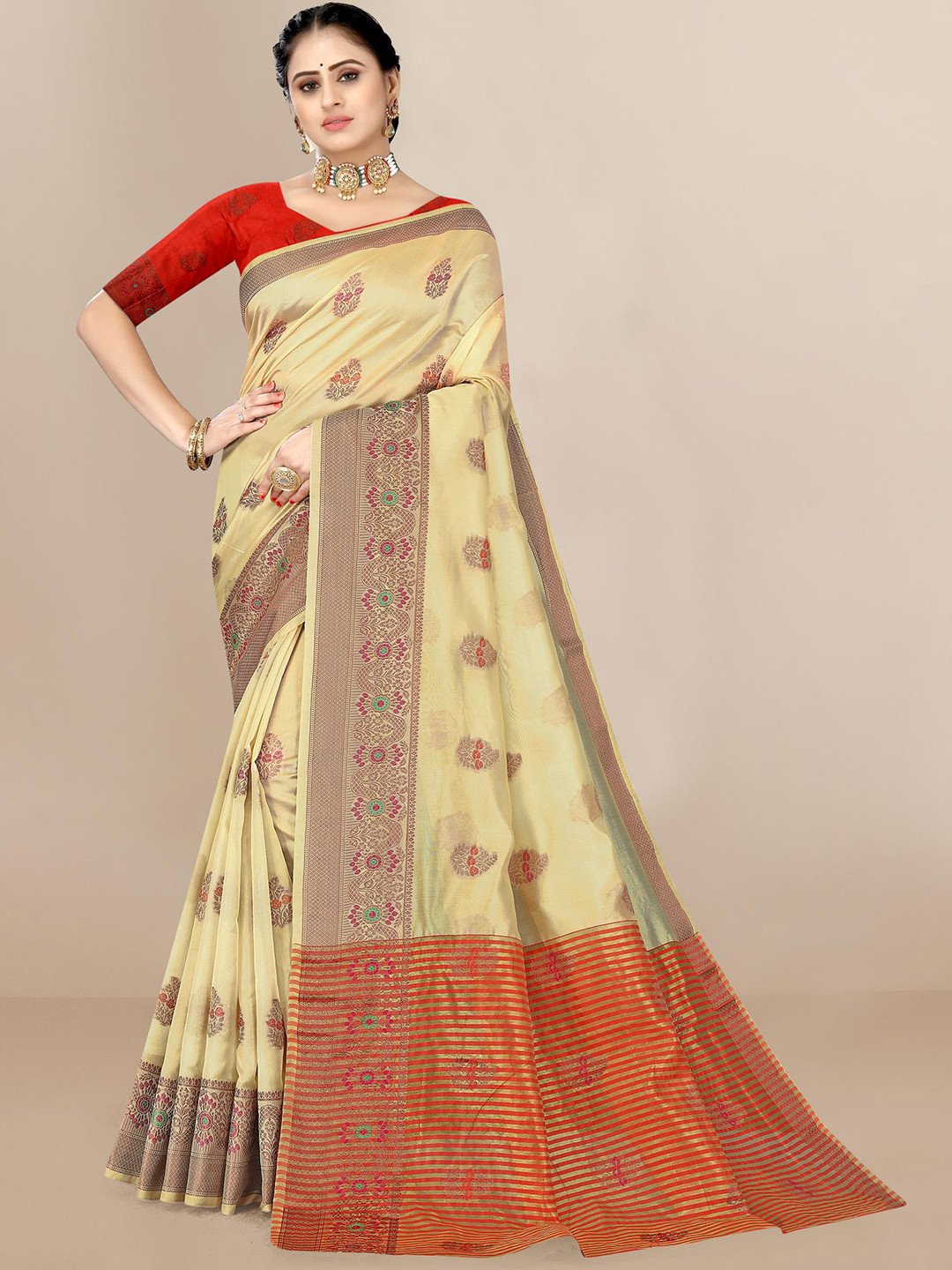 

VAIRAGEE Woven Design Organza Saree, Cream
