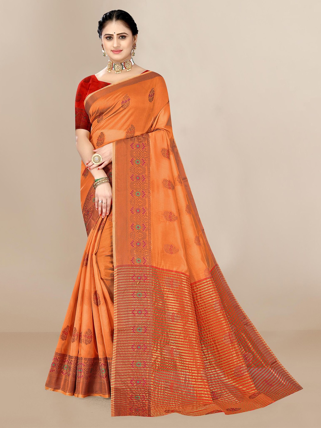 

VAIRAGEE Woven Design Organza Saree, Orange