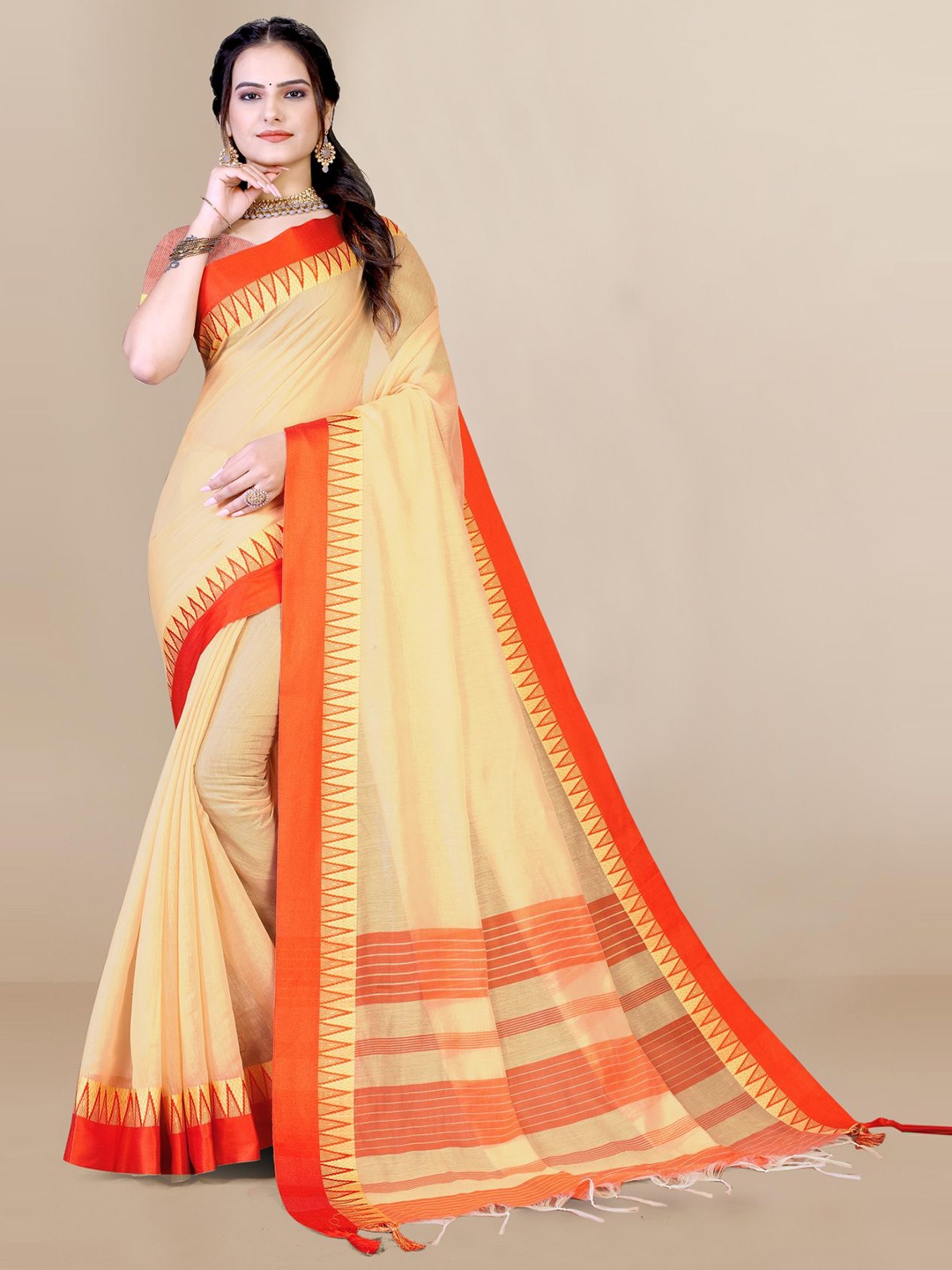 

VAIRAGEE Woven Design Silk Cotton Saree, Orange