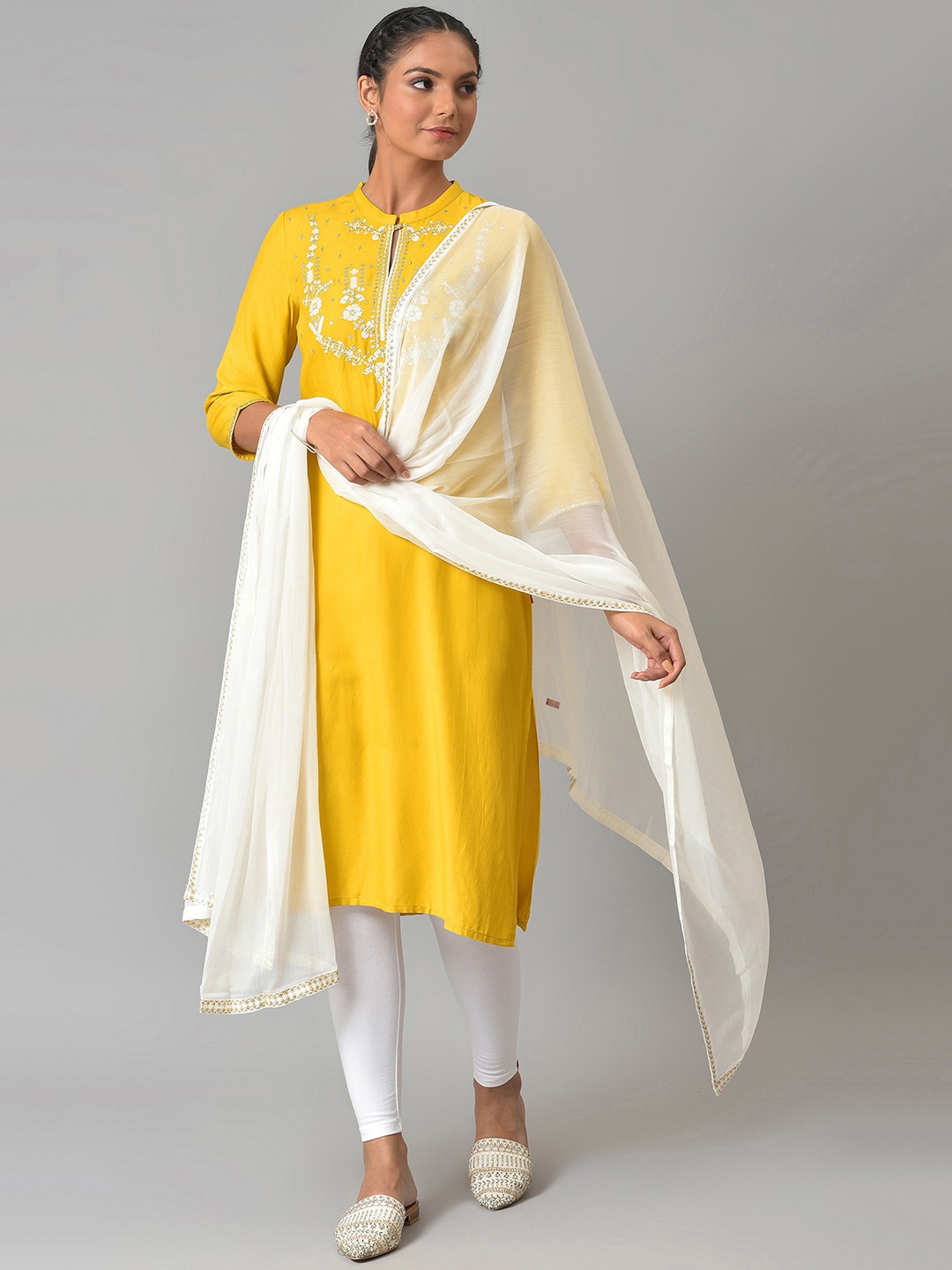 

W Women Yellow Printed Thread Work Kurta With Dupatta