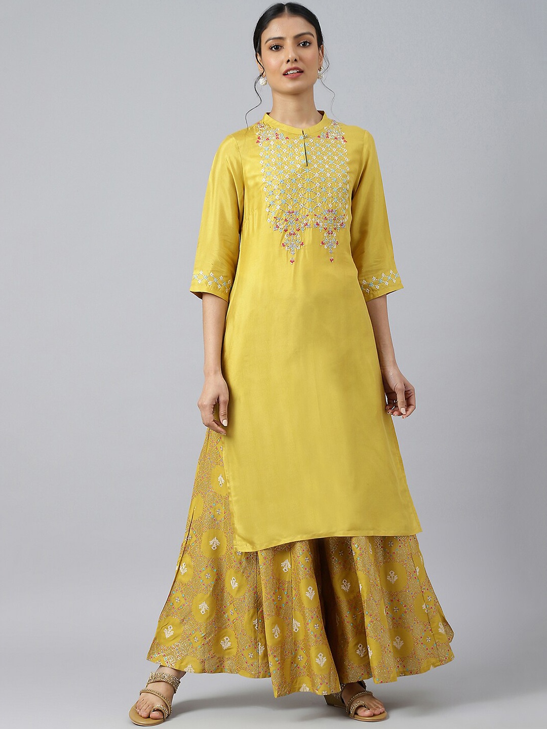 

W Women Yellow Embroidered Thread Work Kurta with Sharara