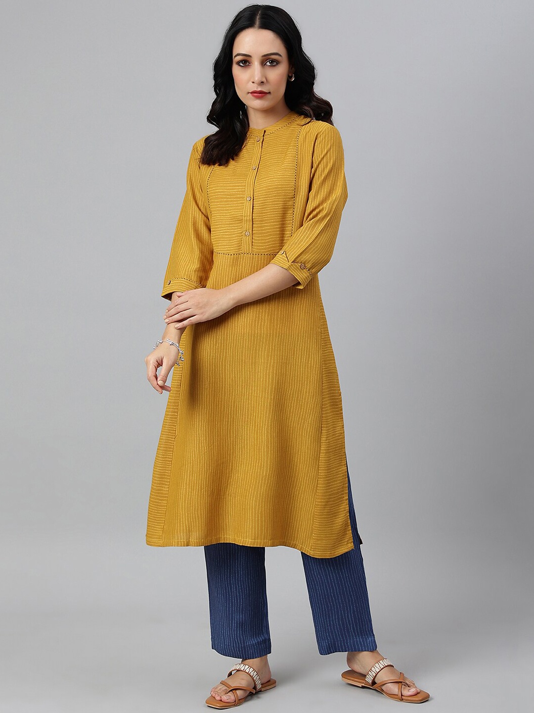 

W Women Yellow Striped Thread Work Kurta with Trousers