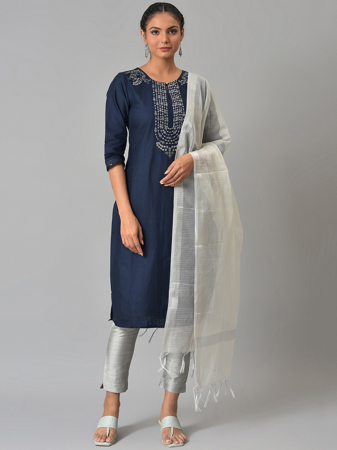 

W Women Navy Blue Paisley Thread Work Kurta with Trousers & Dupatta