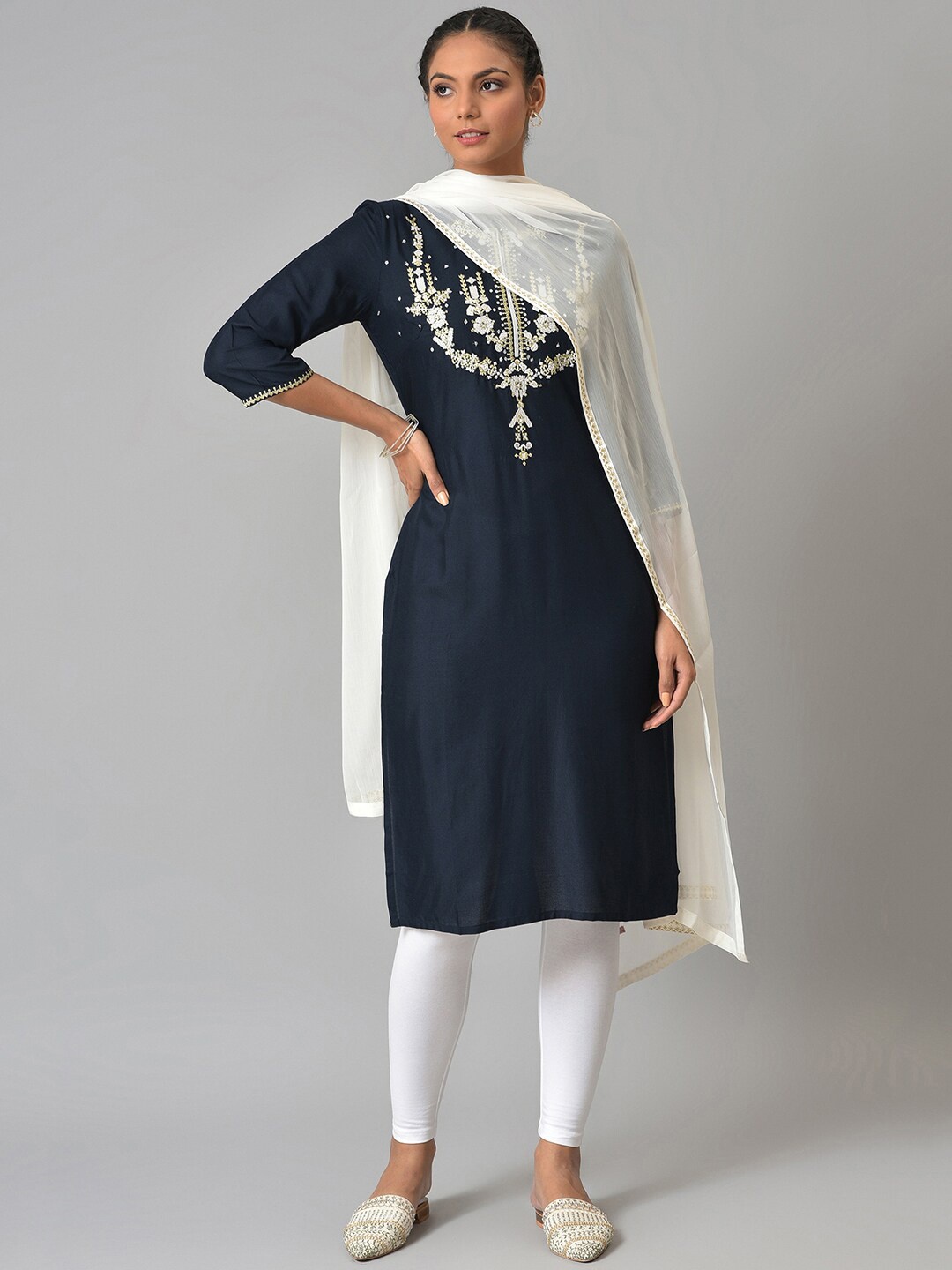 

W Women Blue Ethnic Motifs Embroidered Thread Work Kurta With Dupatta