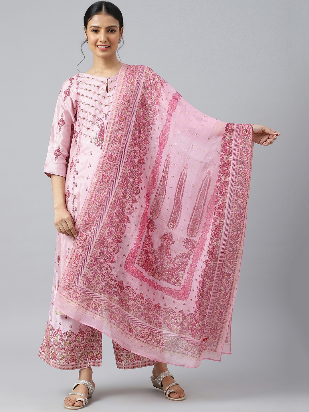 

W Women Pink Ethnic Motifs Printed Kurta with Palazzos & With Dupatta