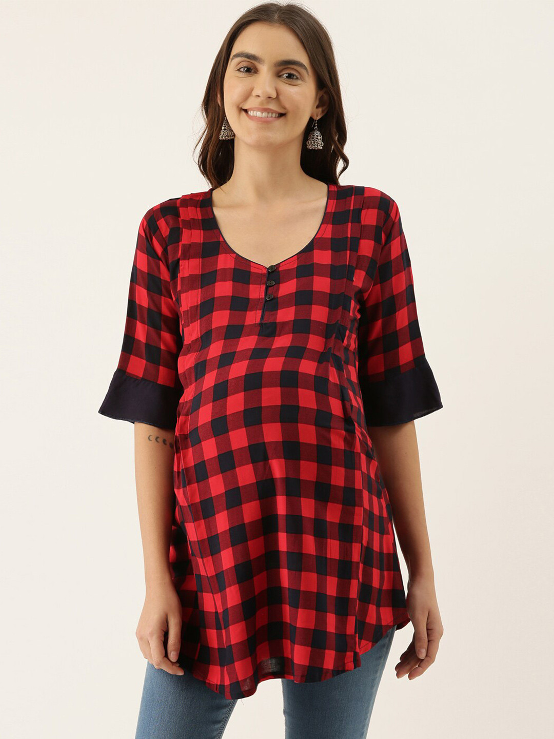 

GOLDSTROMS Women Checked Modal Maternity Tunic, Red