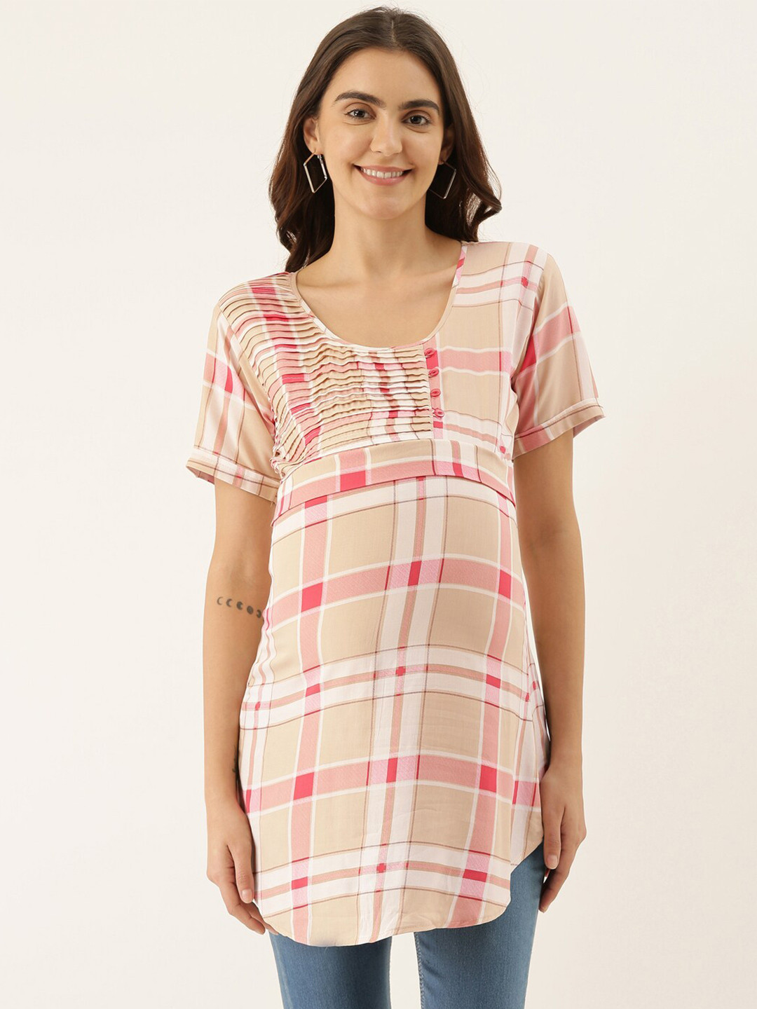 

GOLDSTROMS Women Checked Modal Maternity Tunic, Beige