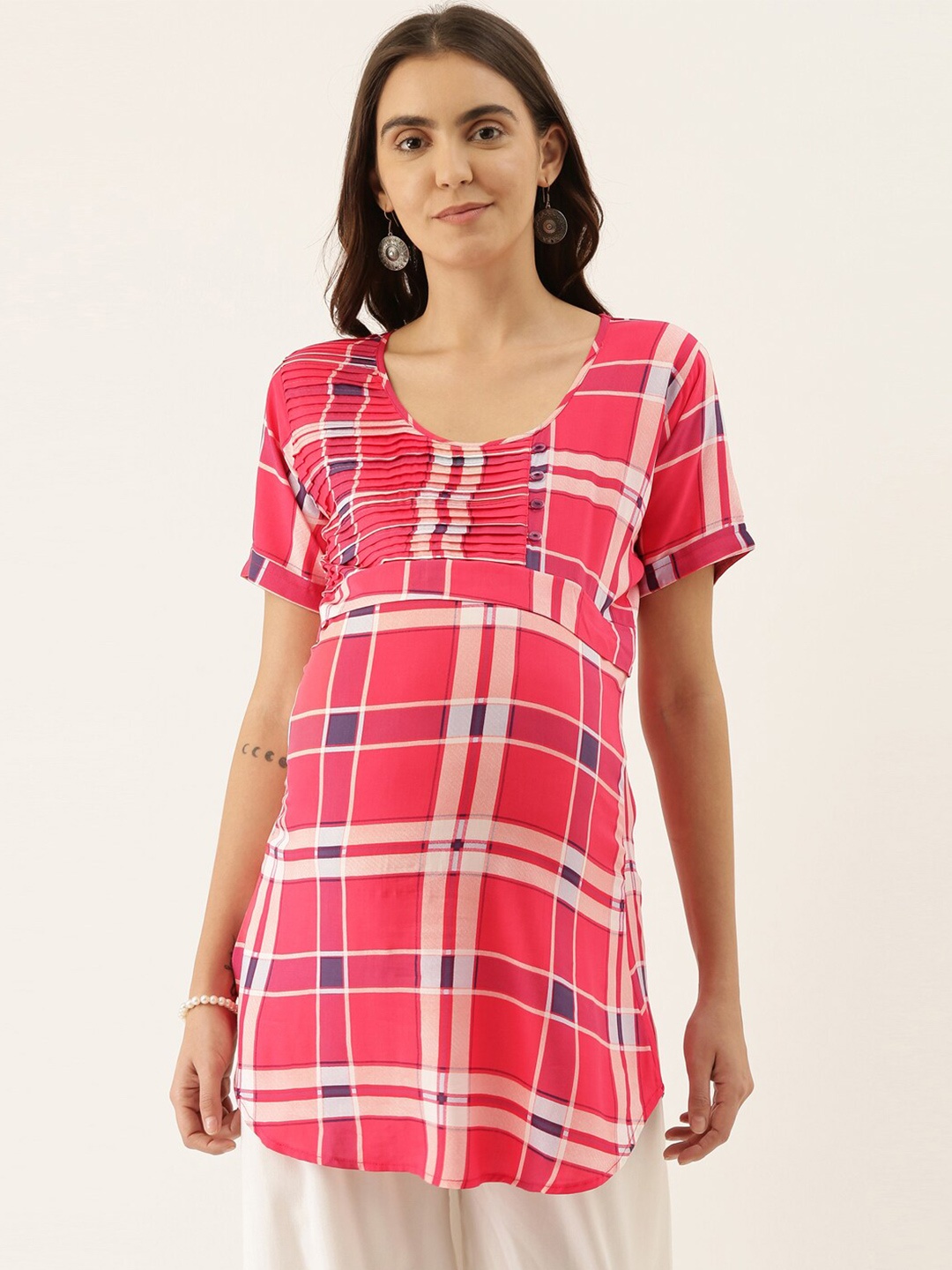 

GOLDSTROMS Women Checked Modal Maternity Tunic, Peach