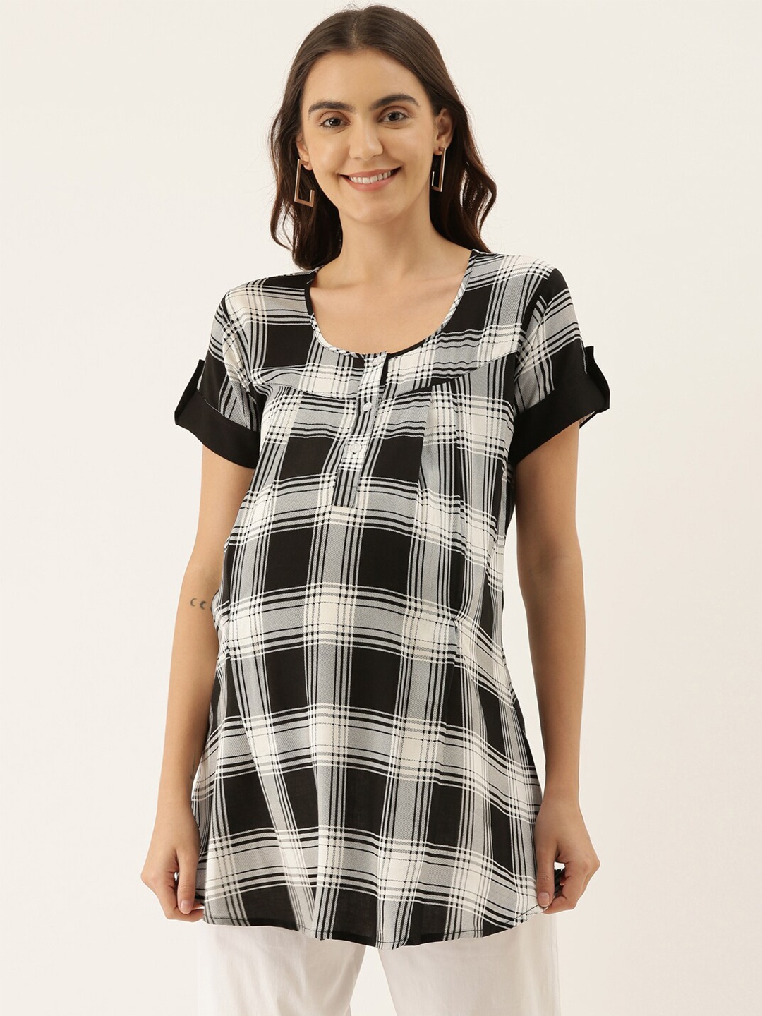 

GOLDSTROMS Women Checked Modal Maternity Tunic, Black
