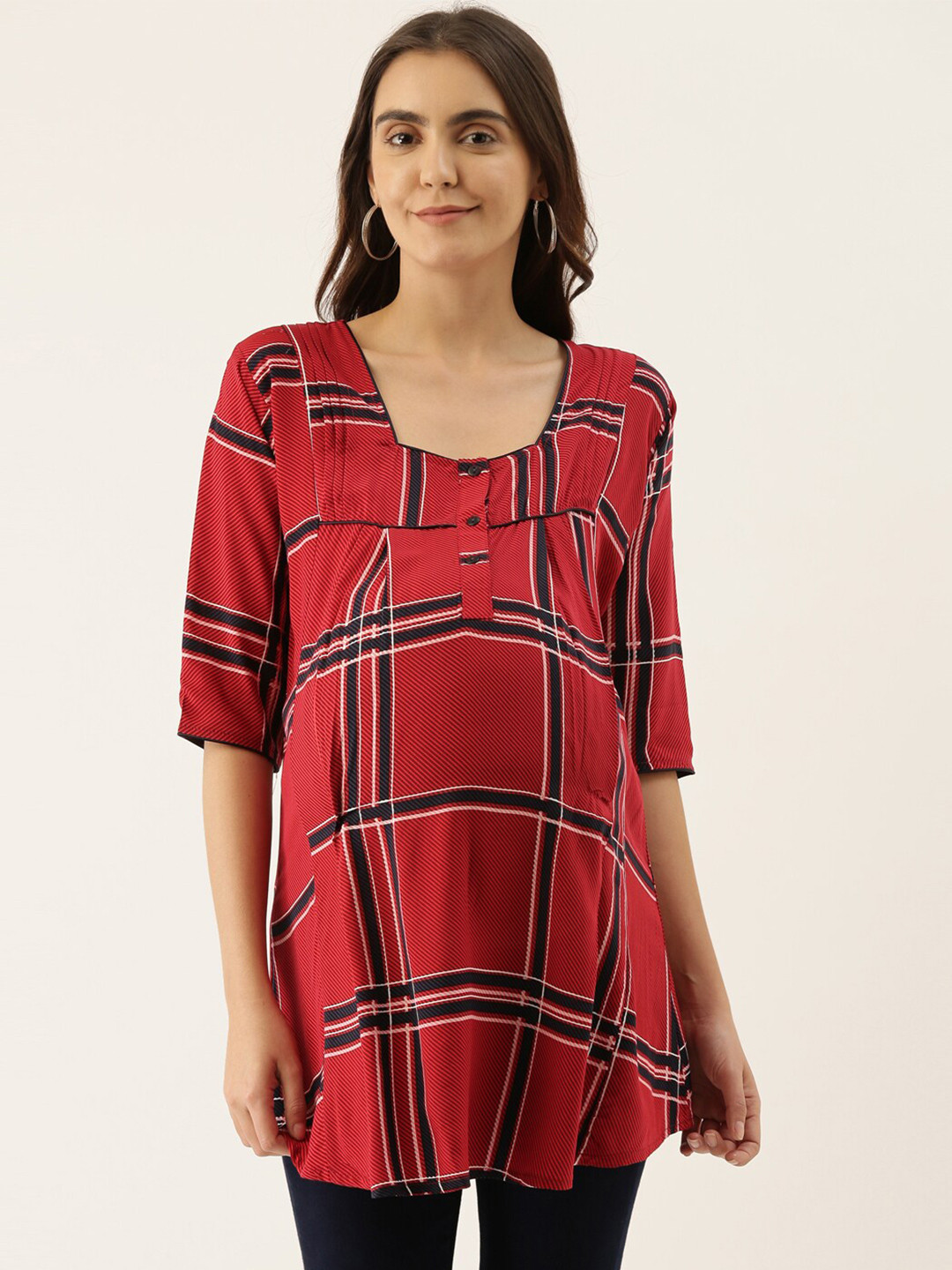 

GOLDSTROMS Red & Black Modal Square Neck Checked Tunic