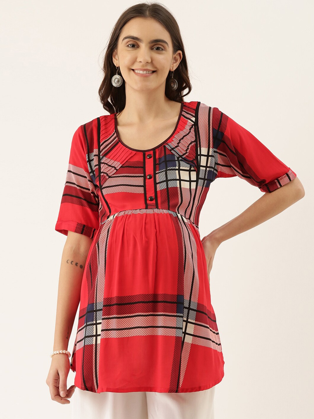 

GOLDSTROMS Women Checked Maternity Tunic, Red