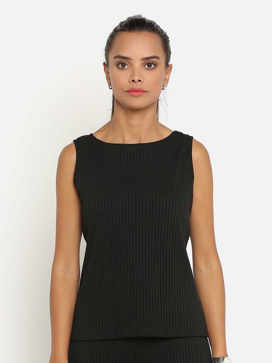 

OFFICE & YOU Women Ribbed Sleeveless Formal Top, Black