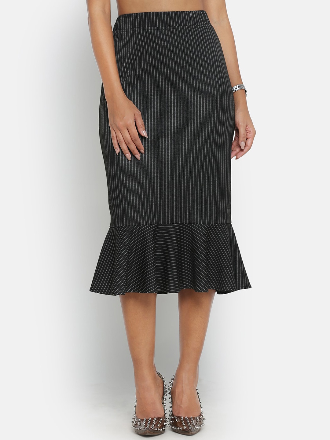 

OFFICE & YOU Women Striped Knee-Length Skirt, Black