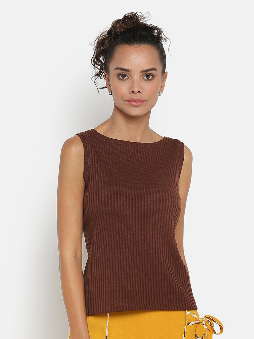 

OFFICE & YOU Women Ribbed Sleeveless Formal Top, Brown