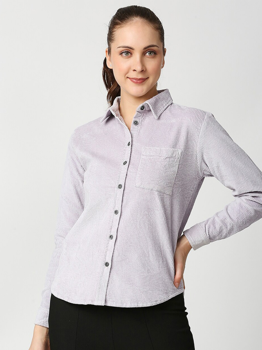 

Blamblack Women Lavender Super Slim Fit Pinstripes Striped Casual Shirt