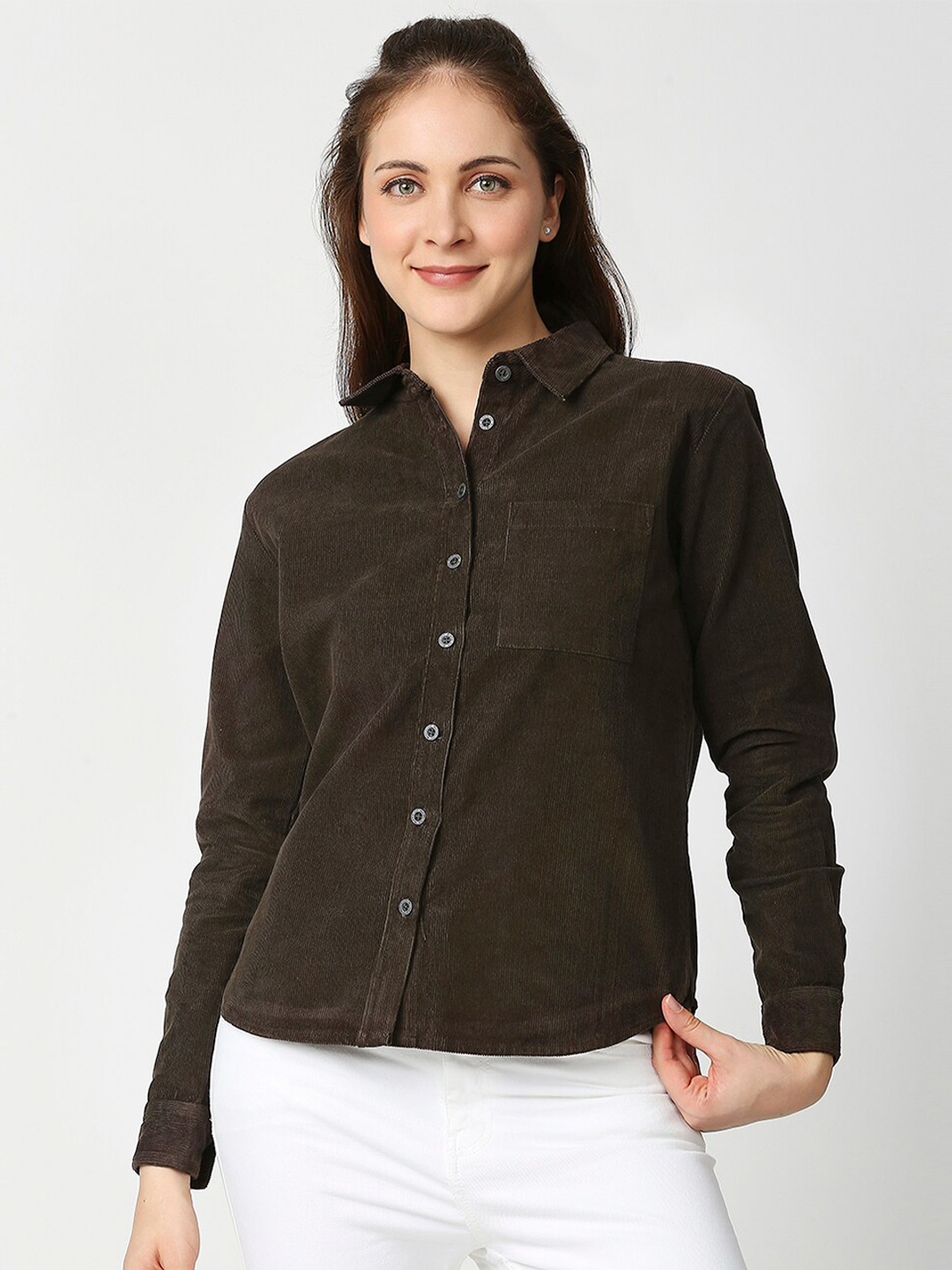 

Blamblack Women Super Slim Fit Solid Cotton Casual Shirt, Olive