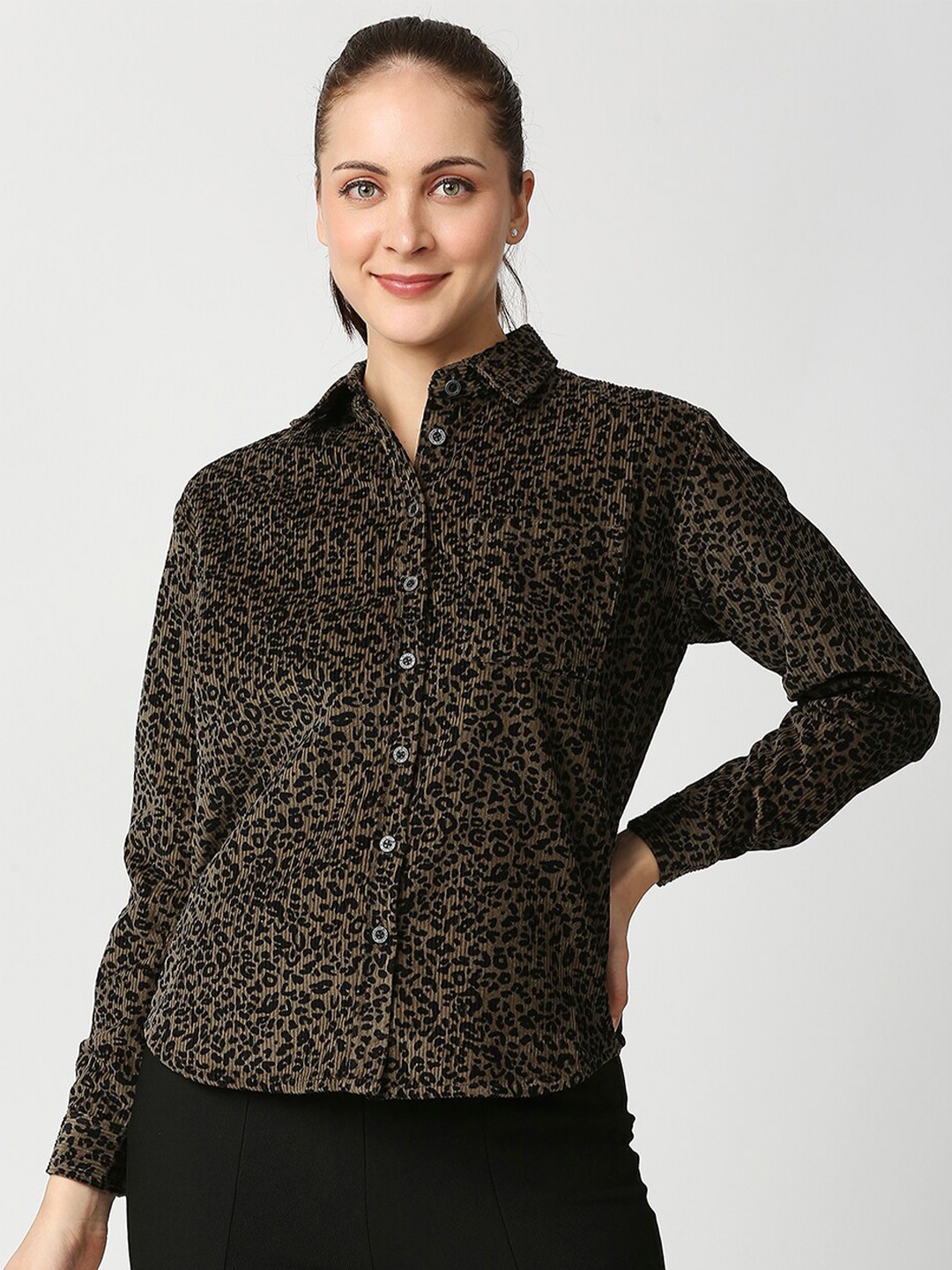 

Blamblack Women Super Slim Fit Animal Printed Casual Cotton Shirt, Brown