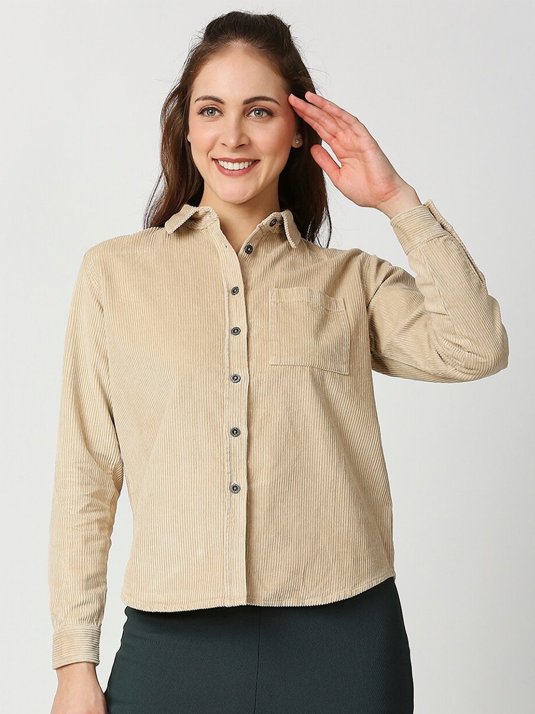 Blamblack Women Super Slim Fit Casual Shirt, Beige