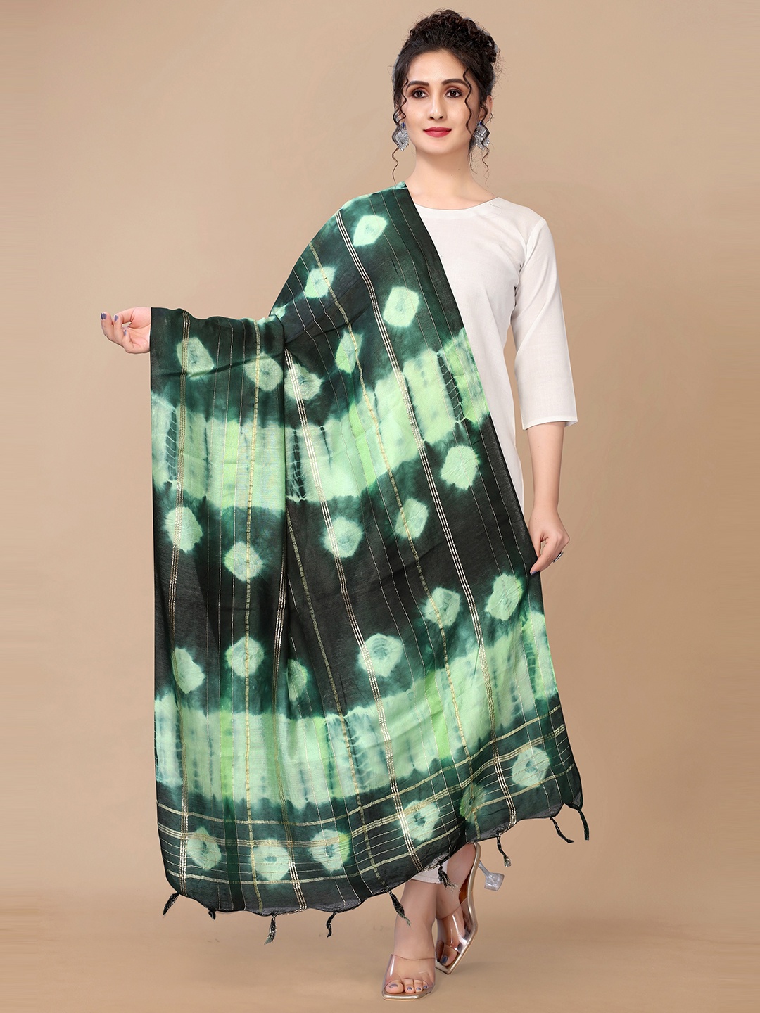 

Fashion FRICKS Tie and Dye Bandhani Dupatta with Zari, Green