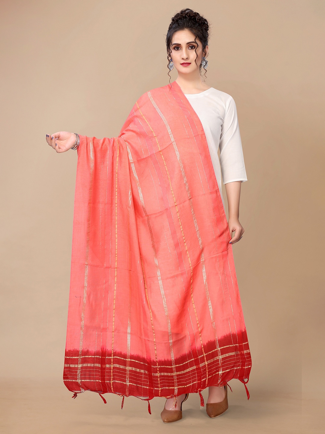 

Fashion FRICKS Striped Dupatta with Zari, Peach