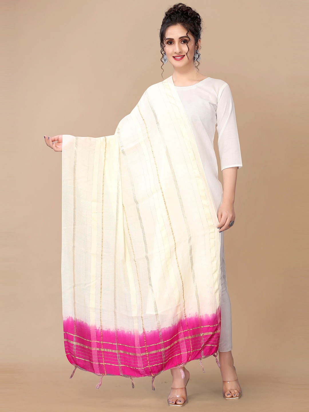 

Fashion FRICKS Beige & Pink Striped Cotton Silk Dupatta with Zari