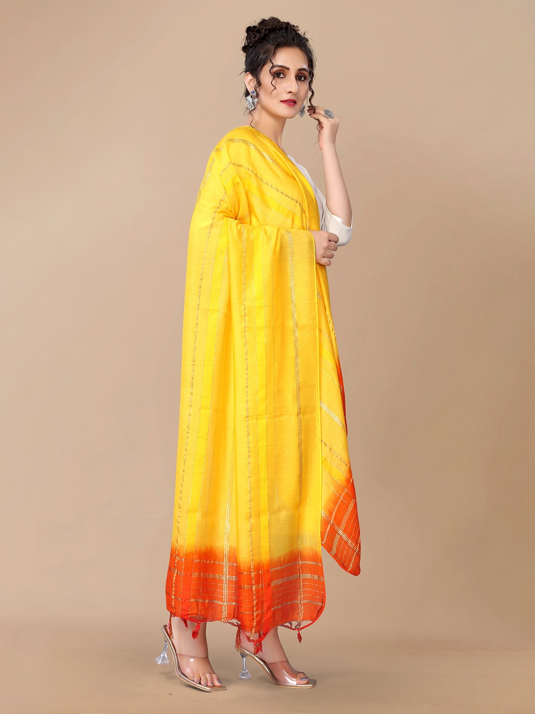 

Fashion FRICKS Striped Cotton Silk Dupatta with Zari, Gold