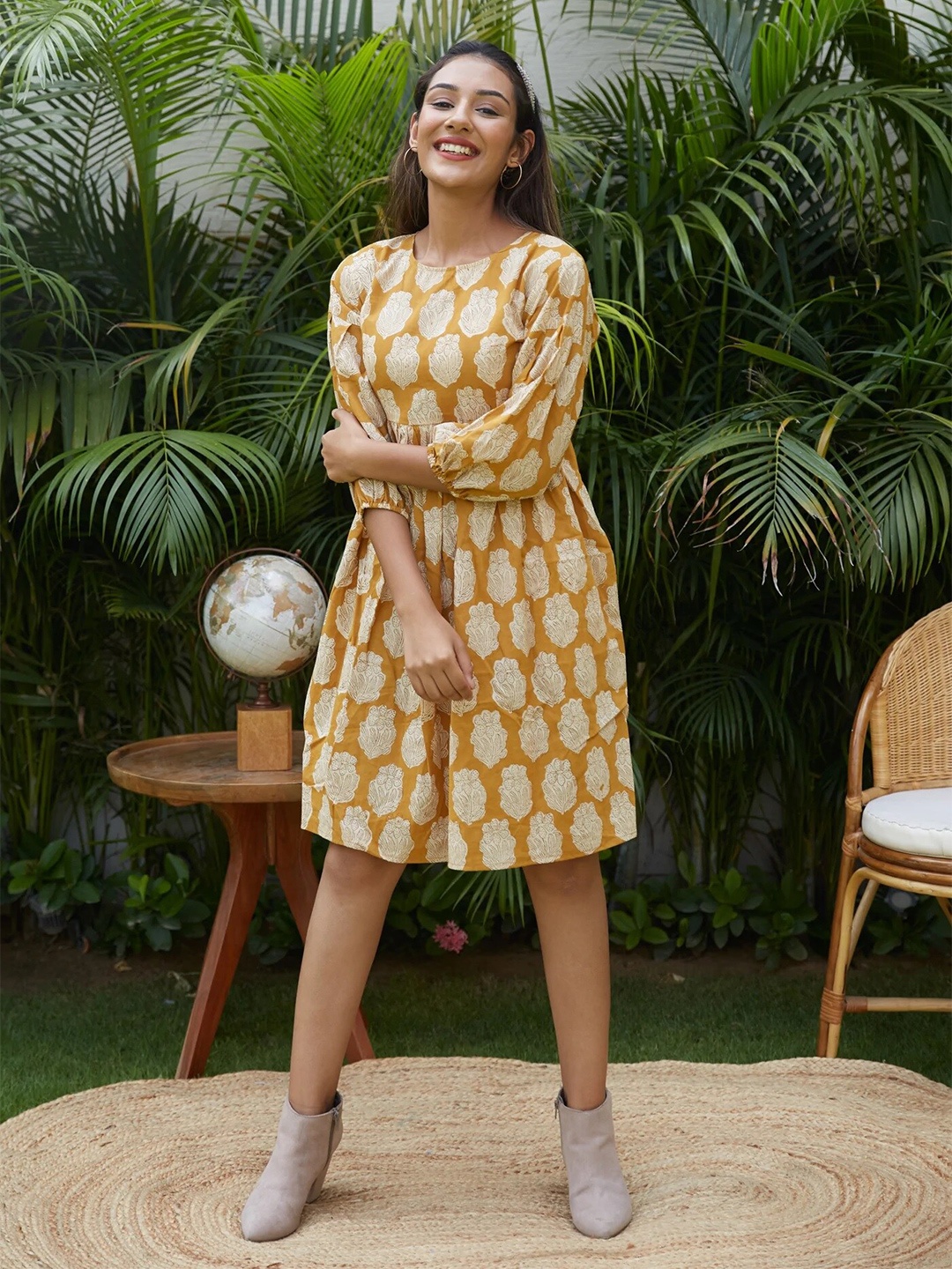 

NANGALIA RUCHIRA Women Printed Cotton A-Line Dress, Mustard