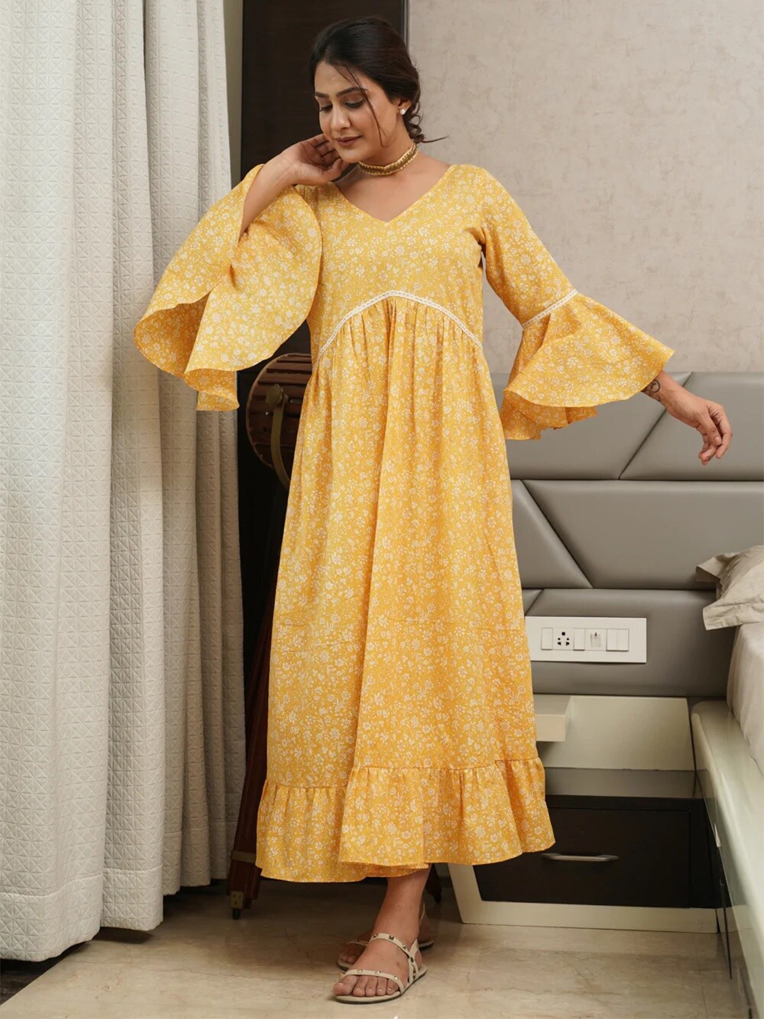 

NANGALIA RUCHIRA Women Floral Printed Cotton Empire Maxi Dress, Yellow