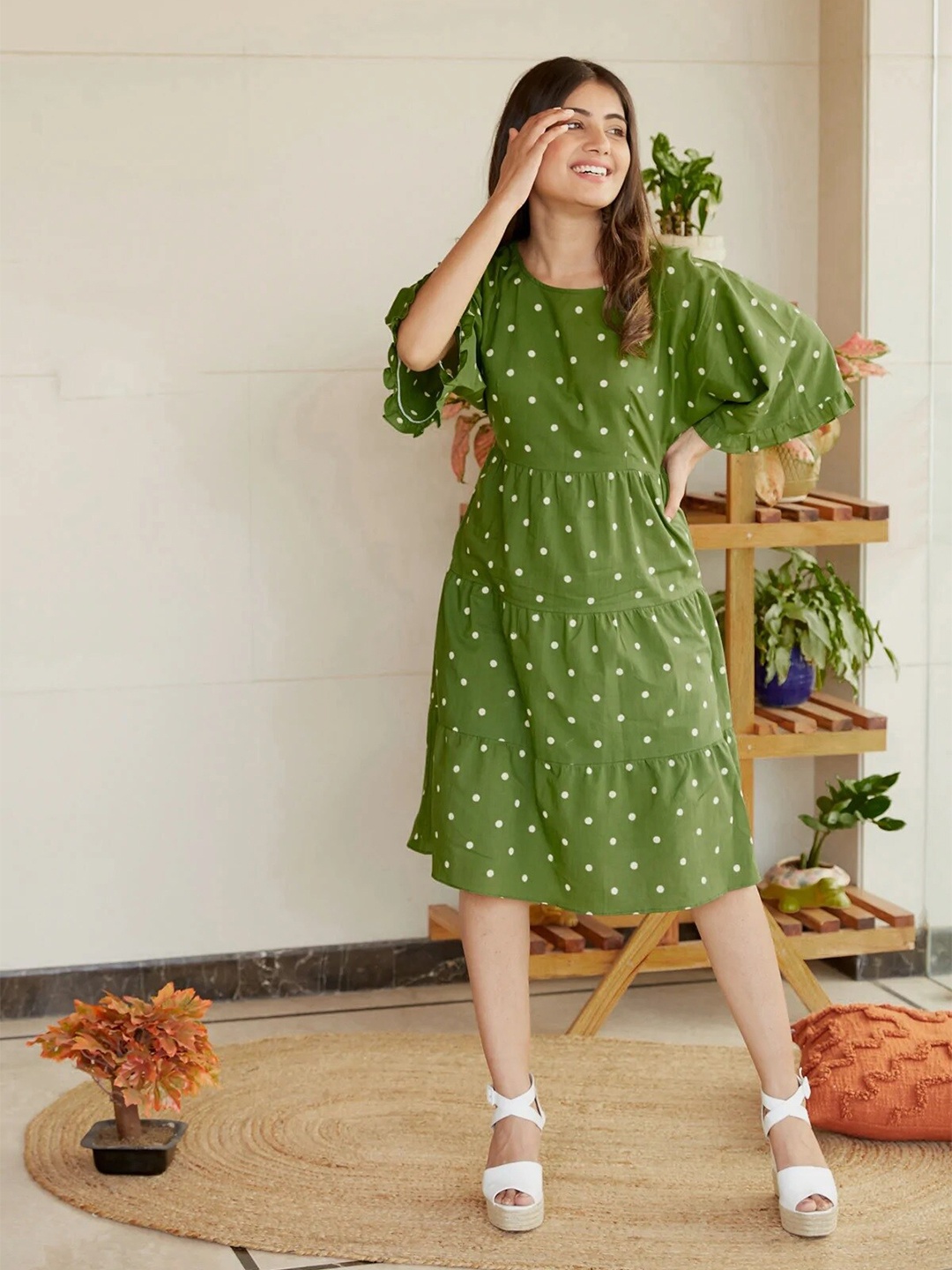 

NANGALIA RUCHIRA Women Printed Cotton A-Line Midi Dress, Green