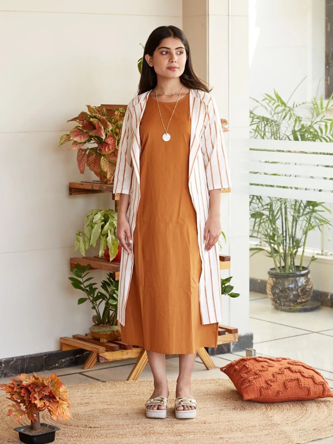 

NANGALIA RUCHIRA Women Solid A-Line Midi Dress With Striped Jacket, Brown