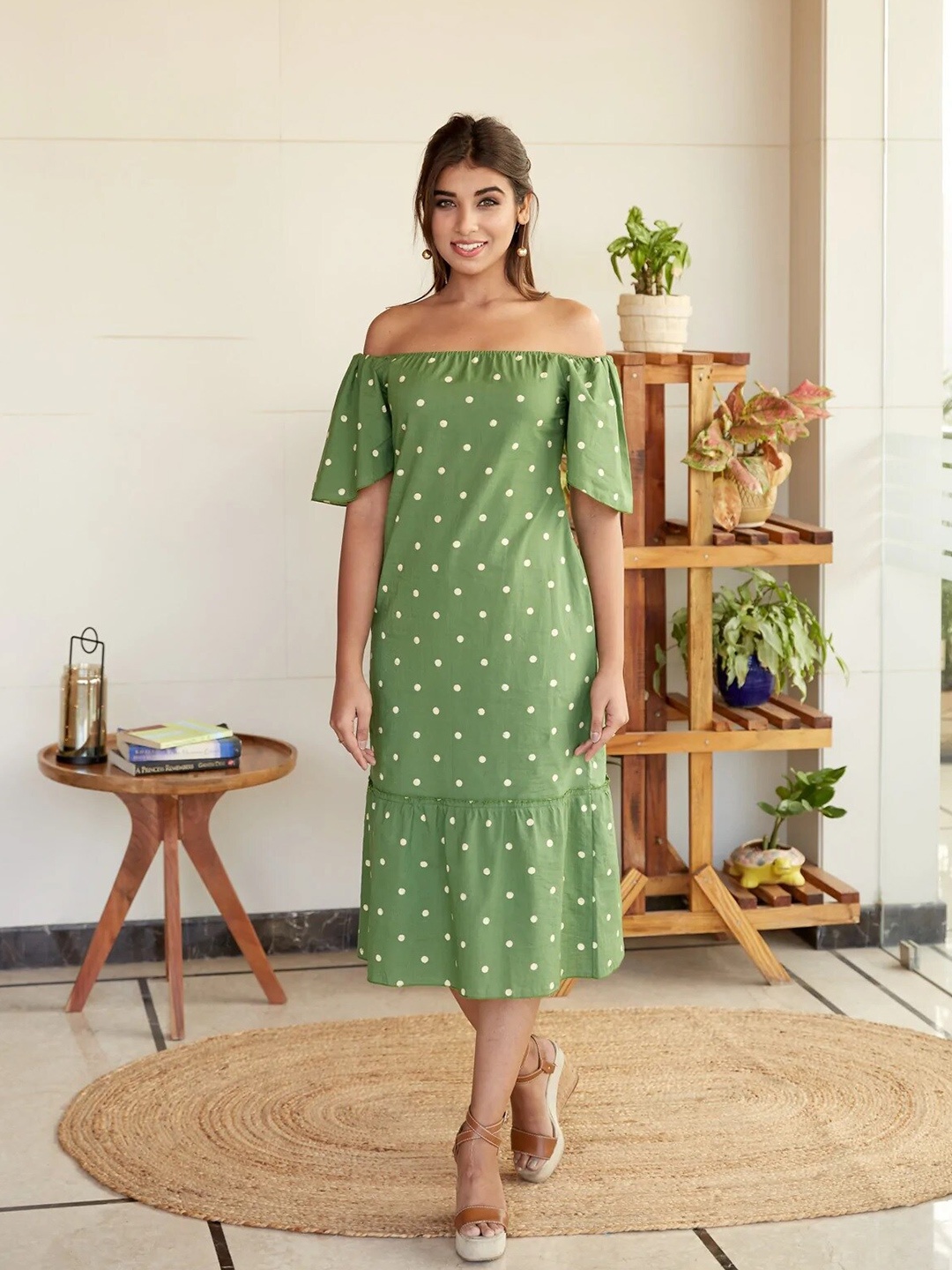 

NANGALIA RUCHIRA Women Printed Cotton Off-Shoulder A-Line Midi Dress, Green