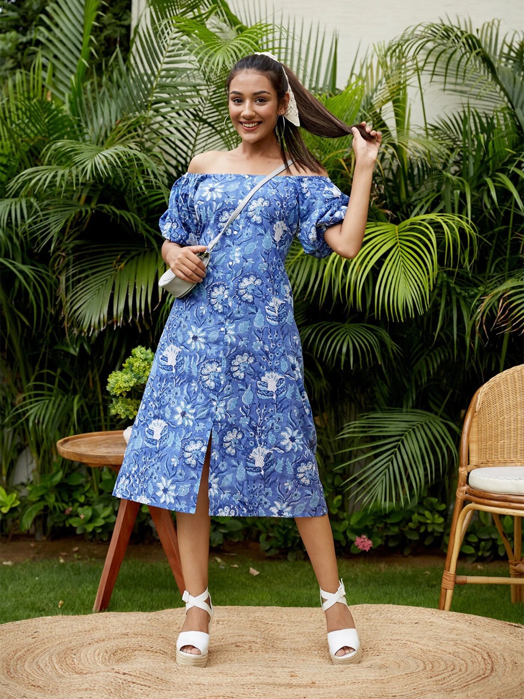 

NANGALIA RUCHIRA Women Floral Print Cotton A-Line Midi Dress, Blue