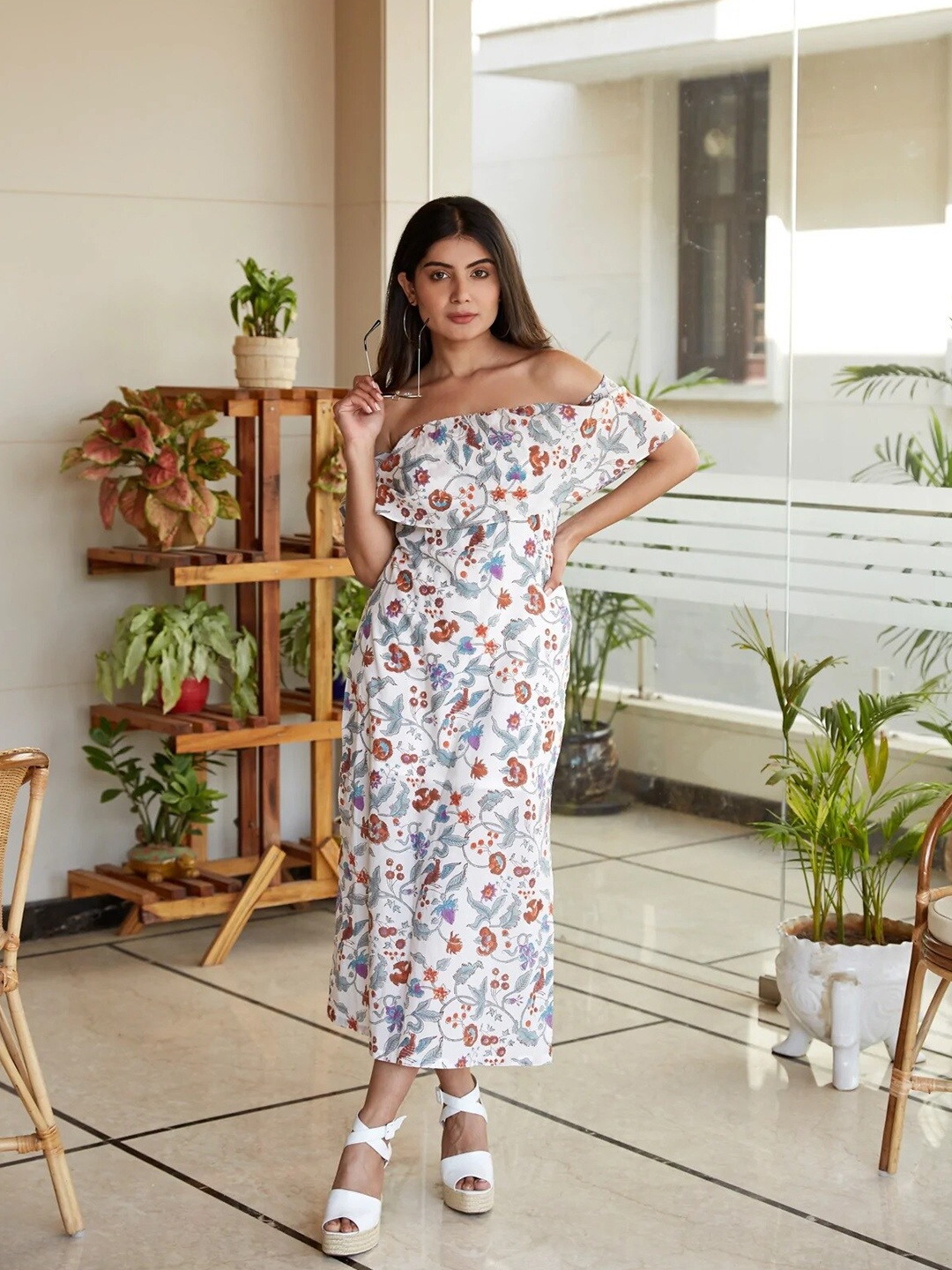 

NANGALIA RUCHIRA Floral Printed Cotton Off-Shoulder Sheath Midi Dress, White