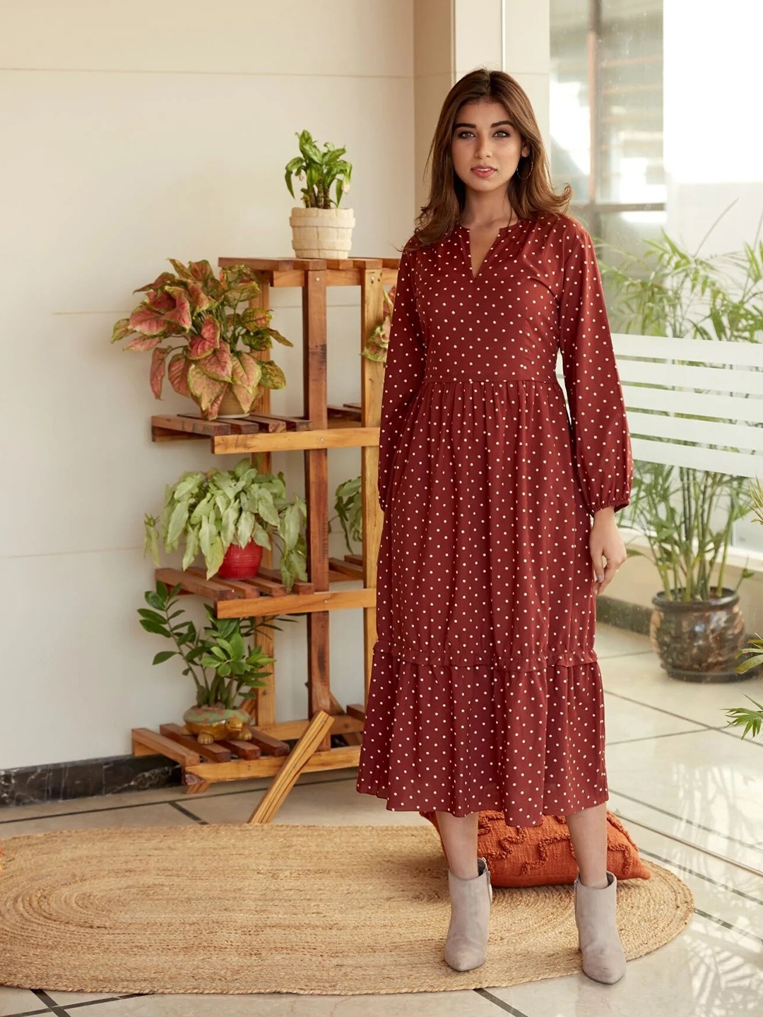 

NANGALIA RUCHIRA Polka Dot Printed Cotton Midi Dress, Maroon