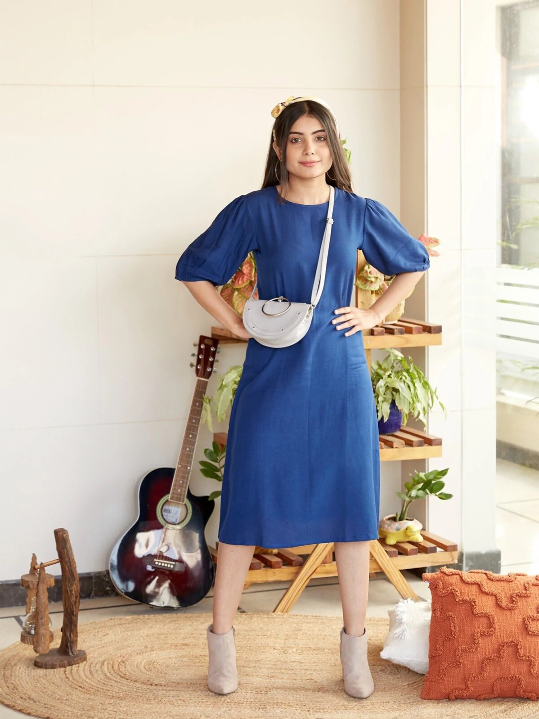 

NANGALIA RUCHIRA Puff Sleeves Cotton Midi Dress, Blue