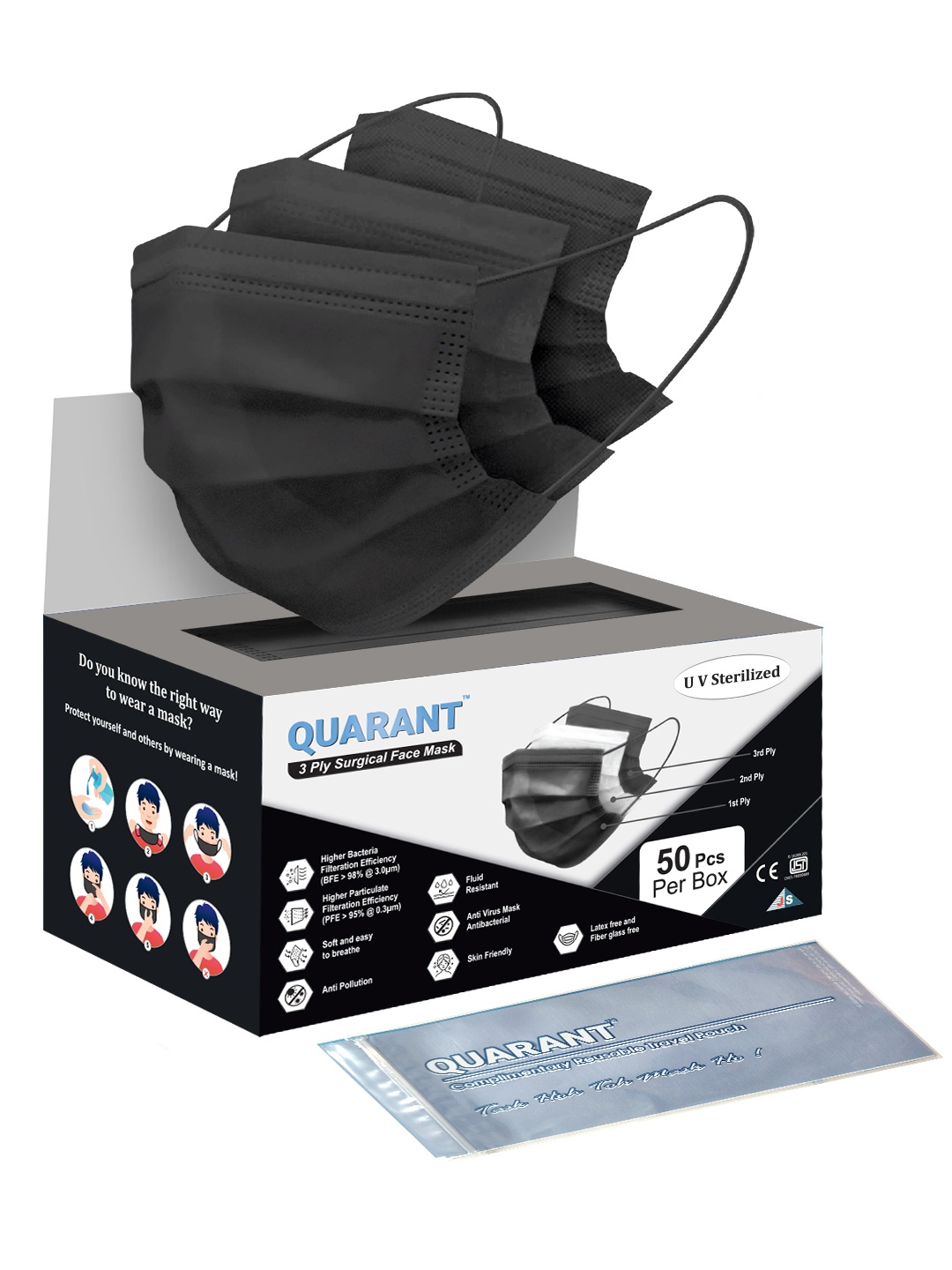 

QUARANT Pack Of 50 Solid 3-Ply Outdoor Surgical Face Masks, Black