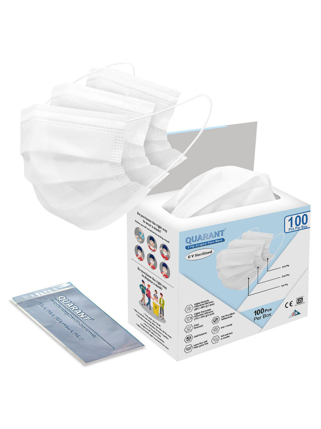 

QUARANT Pack of 100 Solid 3-Ply Disposable Outdoor Surgical Face Masks, White