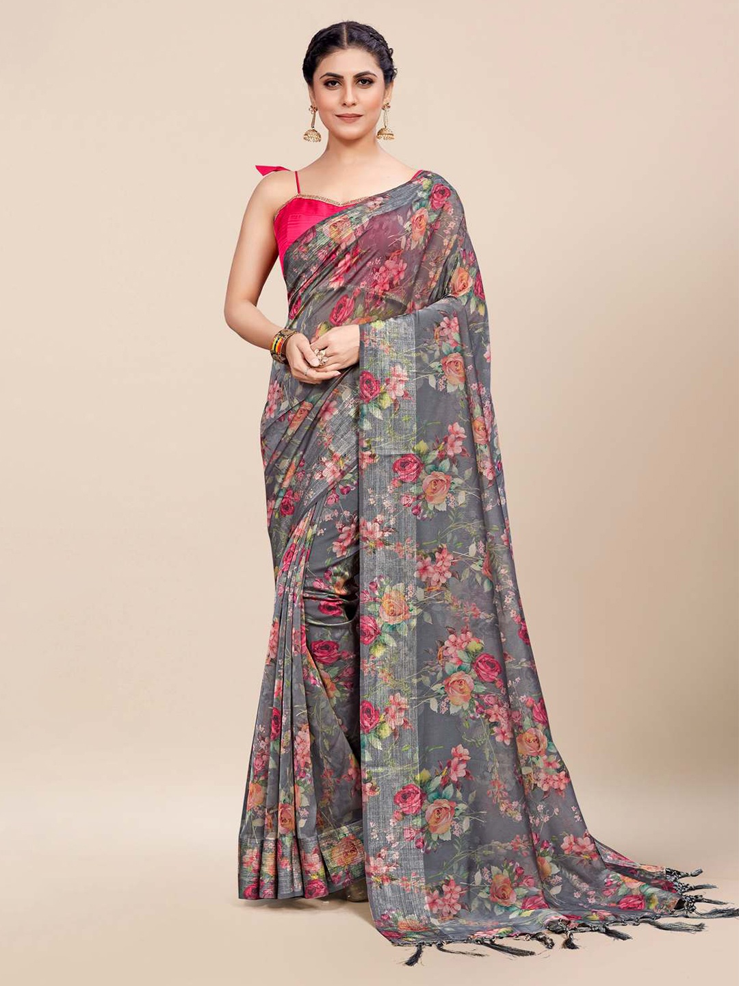 

KARAGIRI Grey & Pink Floral Silk Blend Banarasi Saree