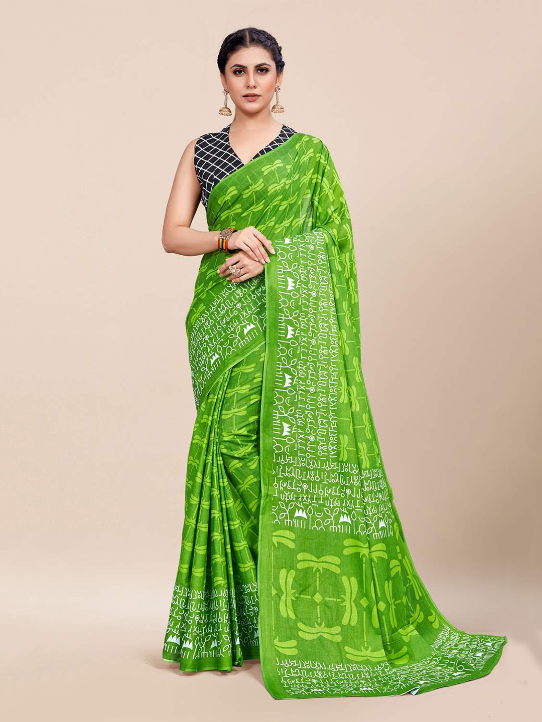 

KARAGIRI Ethnic Motifs Linen Blend Saree, Green