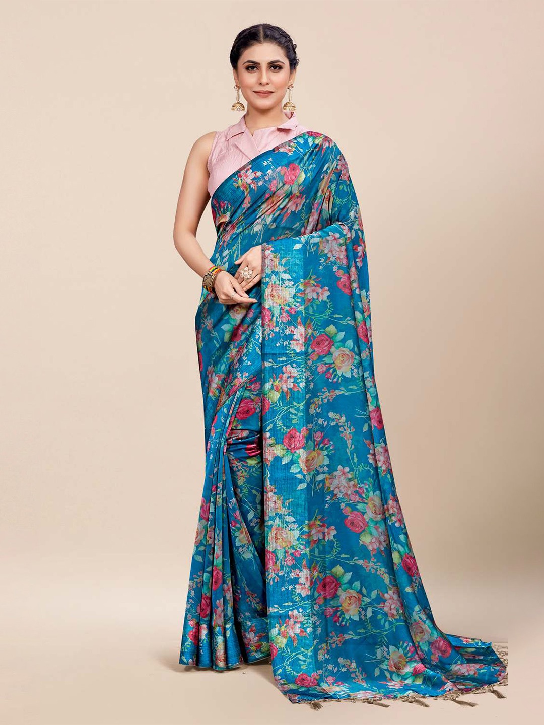 

KARAGIRI Floral Silk Blend Banarasi Saree, Blue
