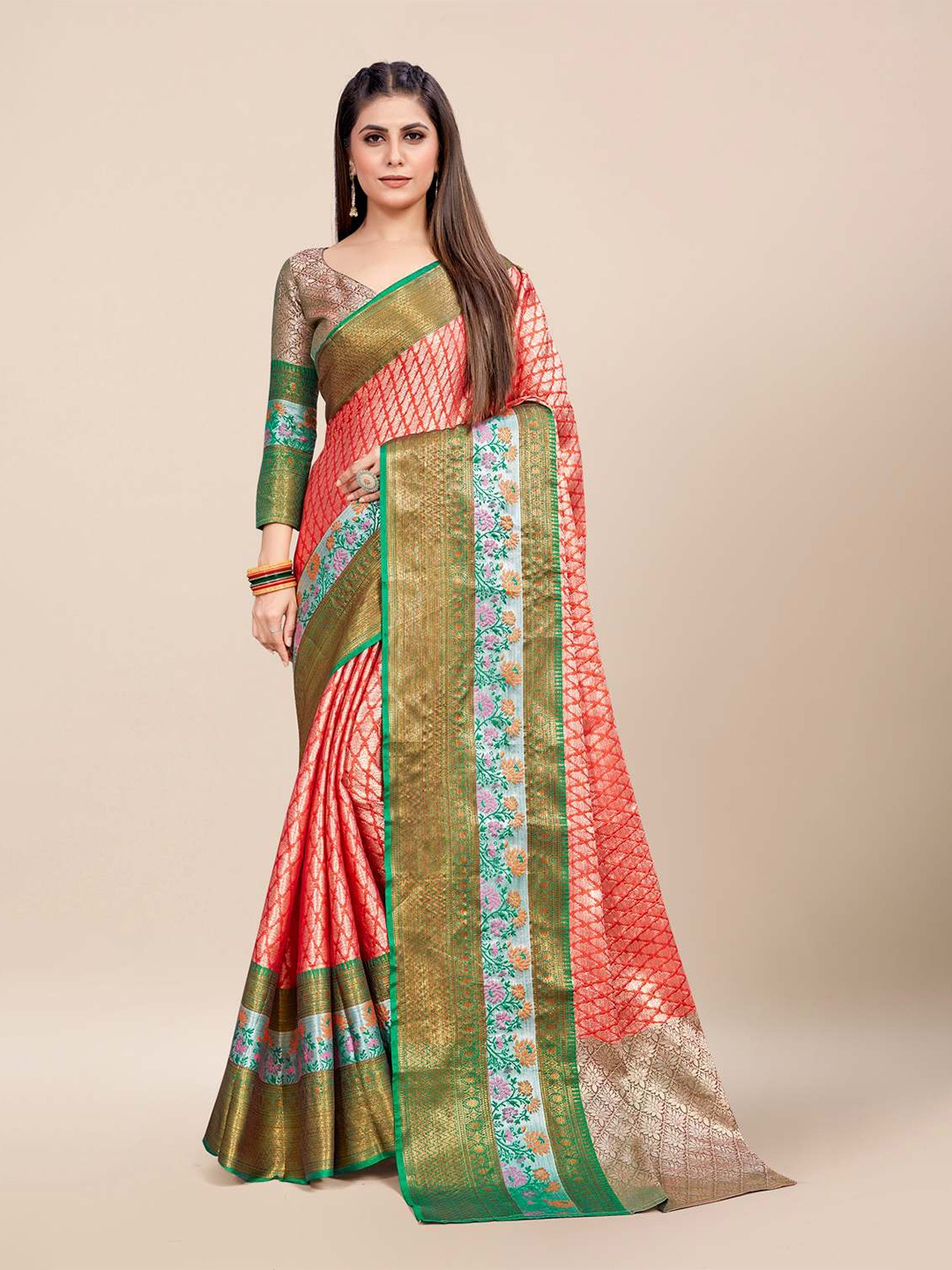 

KARAGIRI Peach-Coloured & Blue Woven Design Zari Saree
