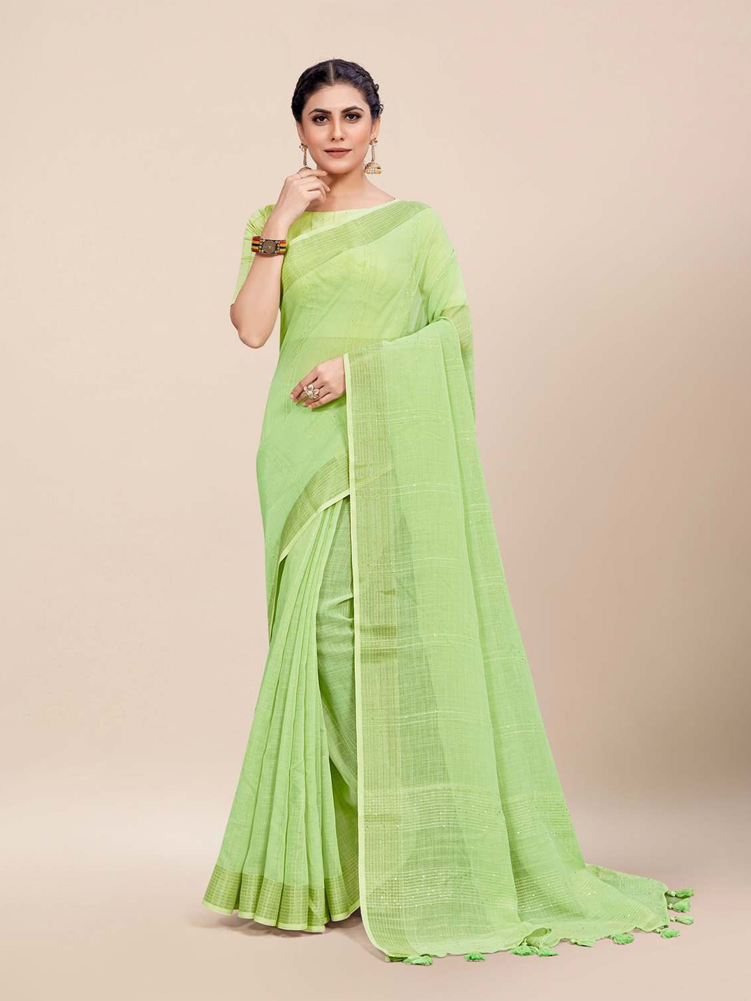 

KARAGIRI Green & Gold-Toned Striped Zari Silk Blend Banarasi Saree