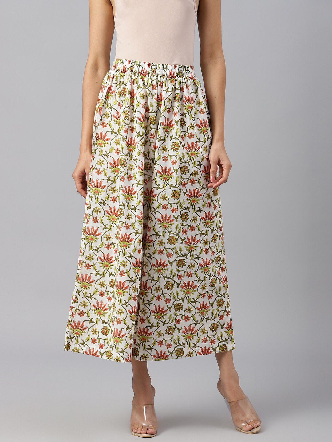 

SHRINKHLA Women Floral Printed Ethnic Palazzos, Off white