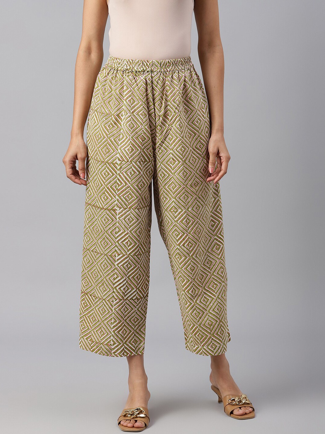 

SHRINKHLA Women White & Green Printed Ethnic Palazzos