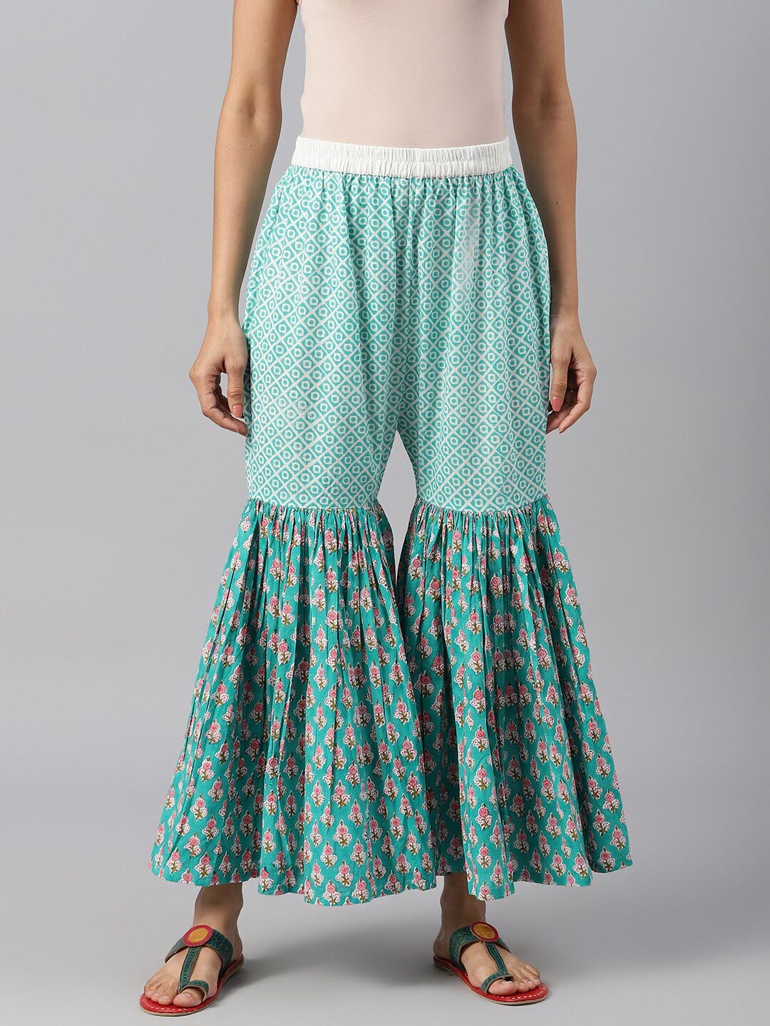 

SHRINKHLA Women Sea Green & Pink Floral Printed Ethnic Palazzos