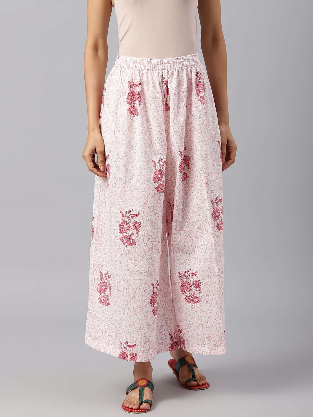 

SHRINKHLA Women Pink & White Floral Printed Ethnic Palazzos